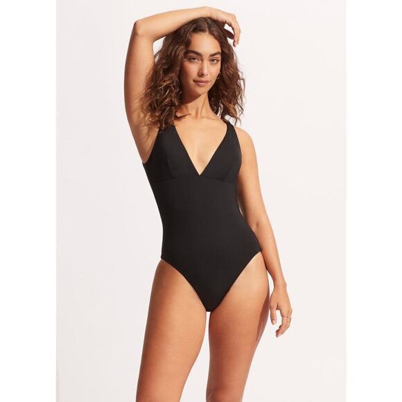 Seafolly Women's Black Collective V Neck One Piece Size 4 NWT - Picture 1 of 13
